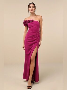 Lulus Beyond Elegant One-Shoulder Magenta Fuchsia Gown with Floral Detail